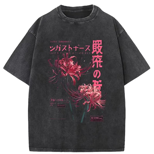 washed anime flower t-shirt